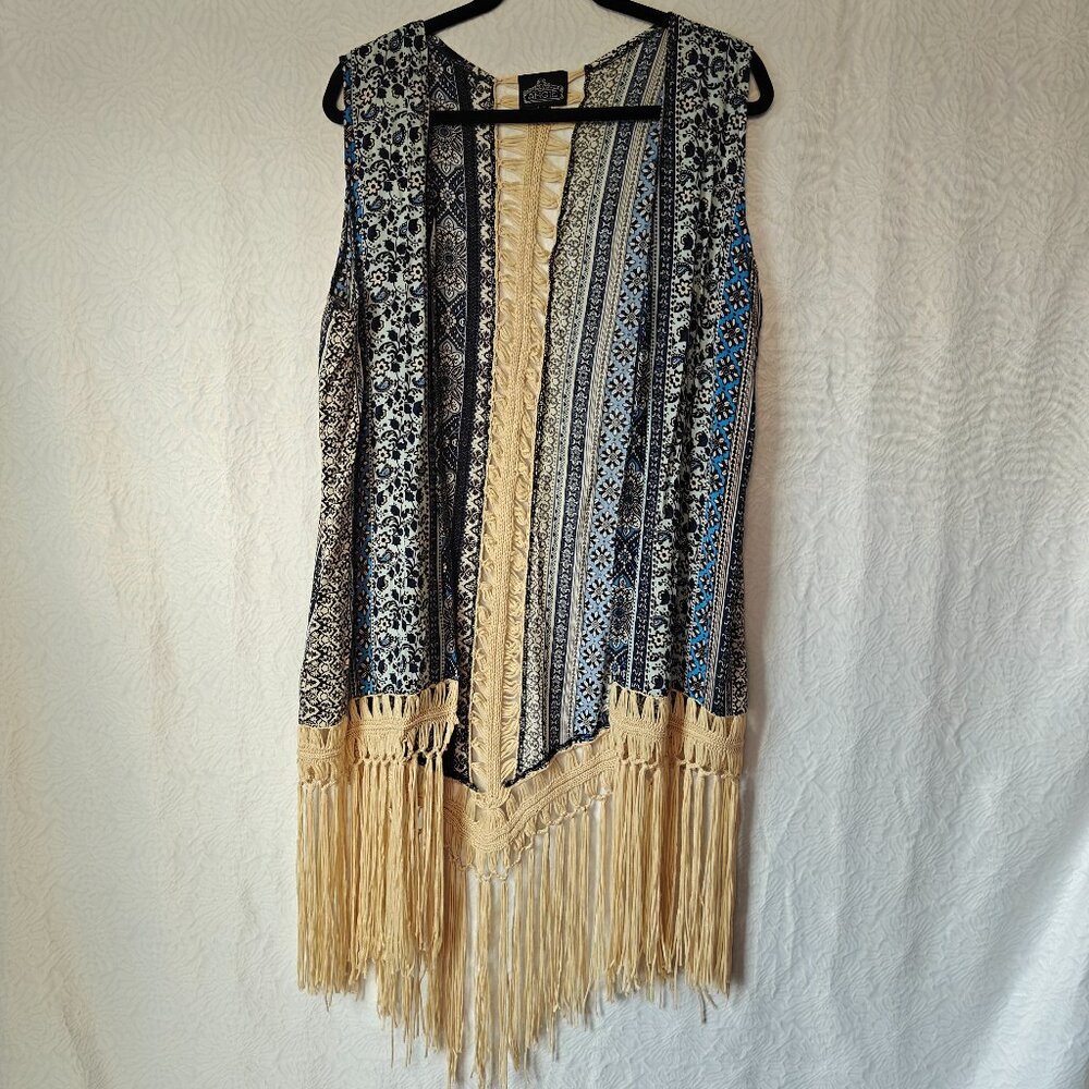 ANGIE Crochet Open Front Duster Vest Fringe Boho Hippie Medium